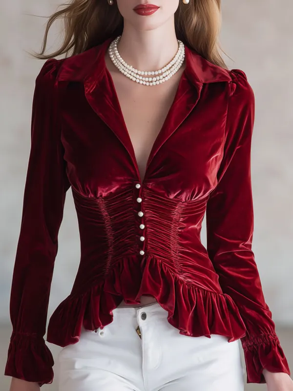 Fashionable Retro Red Velvet Pleated Ruffled Long-sleeved Shirt sold by Oyrosy