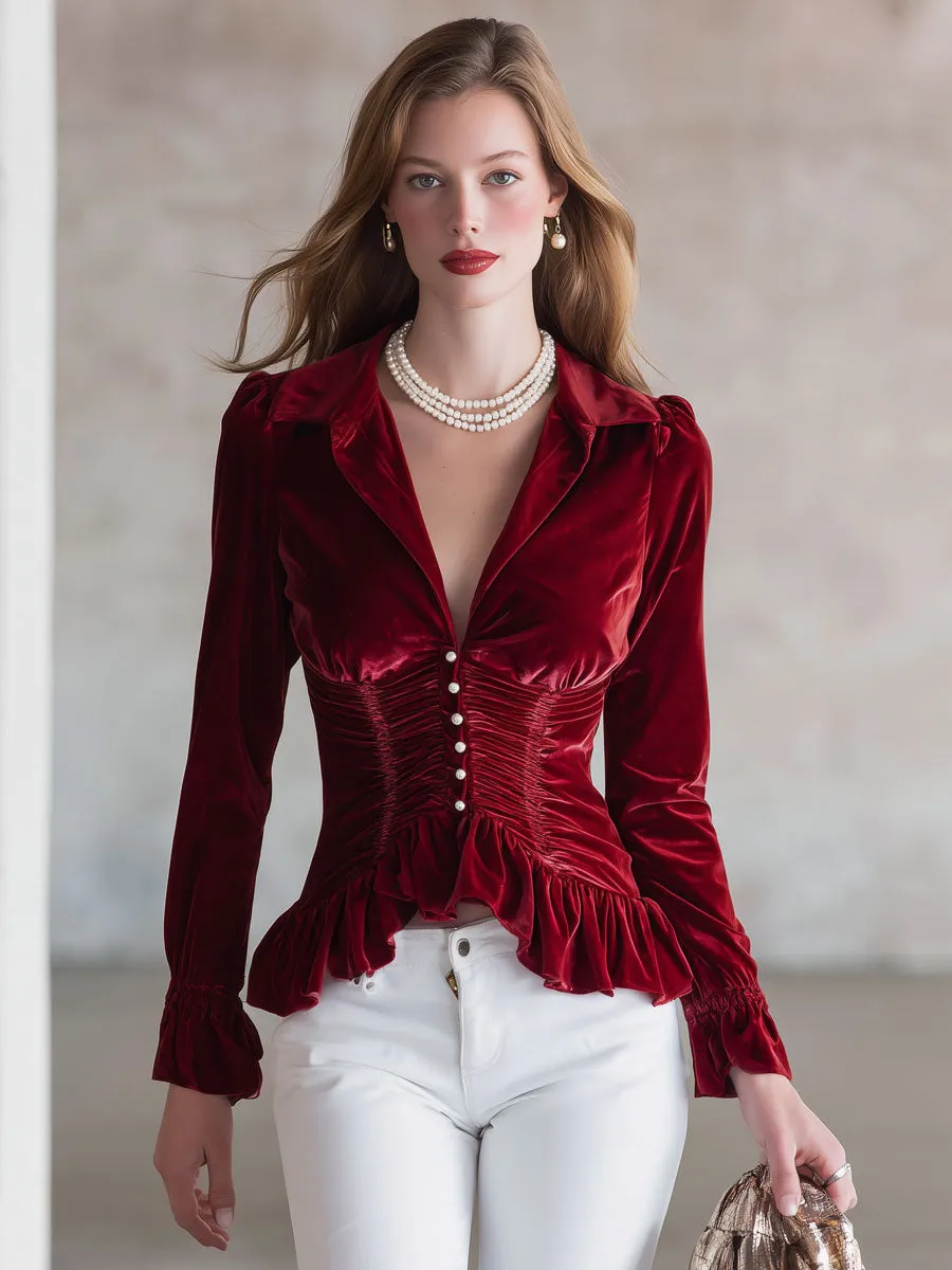 Fashionable Retro Red Velvet Pleated Ruffled Long-sleeved Shirt sold by Oyrosy product image thumbnail 2