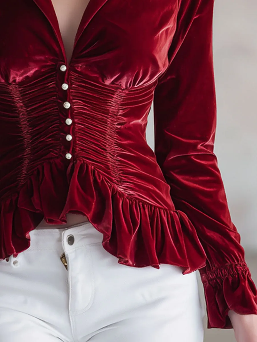 Fashionable Retro Red Velvet Pleated Ruffled Long-sleeved Shirt sold by Oyrosy product image thumbnail 3