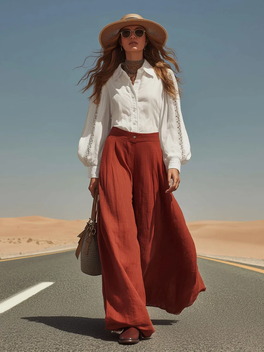 Retro Lace White Cotton Linen Long-Sleeved Shirt And Wide-Leg Pants Set sold by Oyrosy product image thumbnail 2