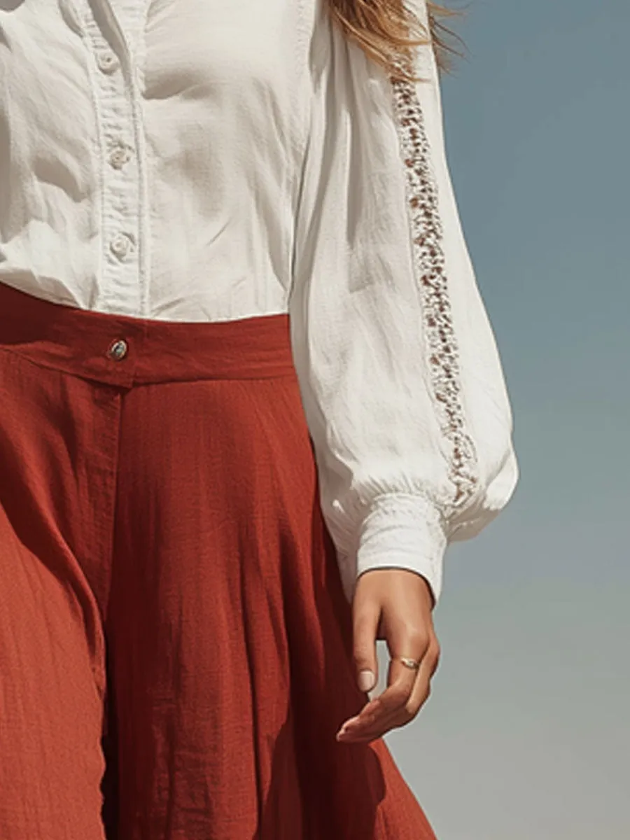 Retro Lace White Cotton Linen Long-Sleeved Shirt And Wide-Leg Pants Set sold by Oyrosy product image thumbnail 3