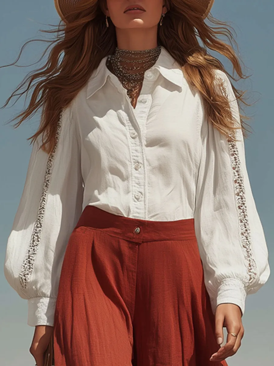 Retro Lace White Cotton Linen Long-Sleeved Shirt And Wide-Leg Pants Set sold by Oyrosy