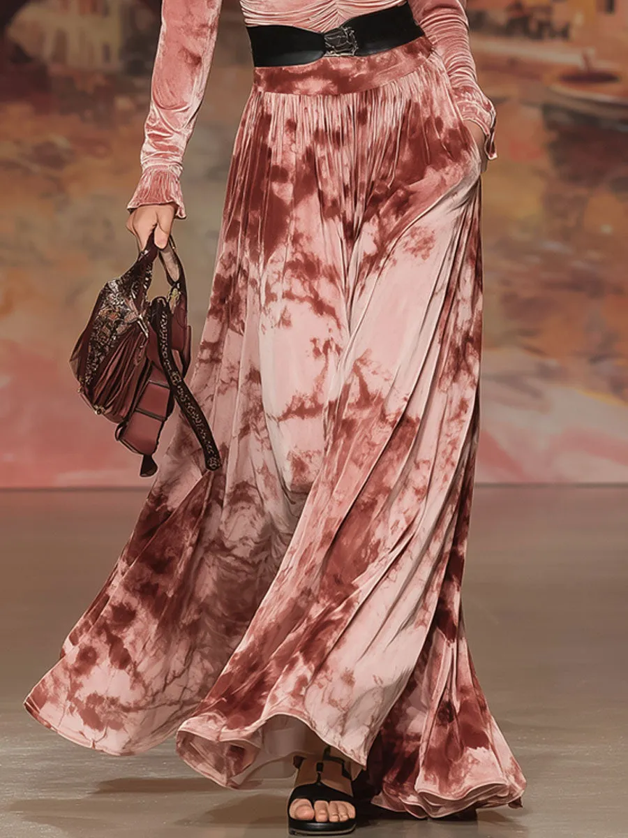 Fashionable Retro Pink Tie-dye Velvet Pleated Long-sleeved Maxi Dress sold by Oyrosy product image thumbnail 4