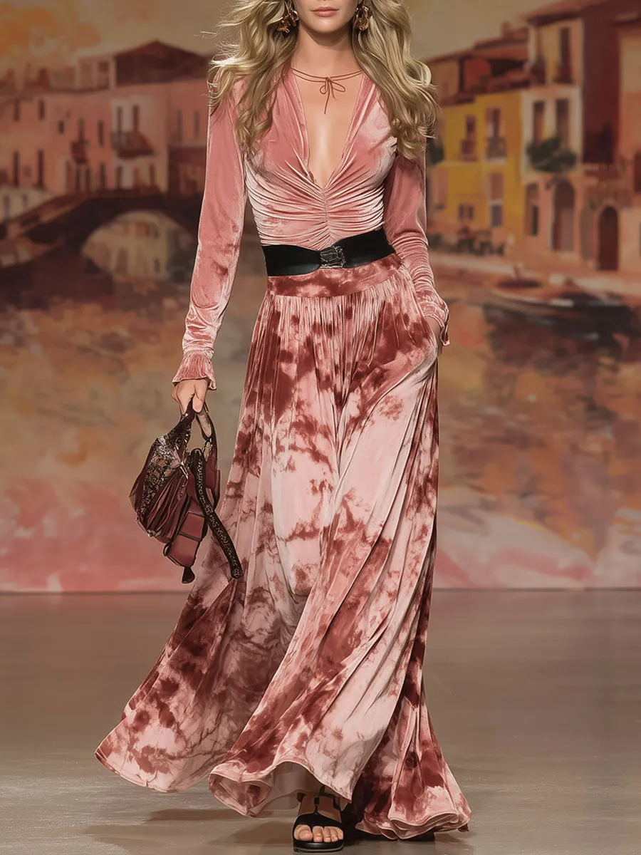Fashionable Retro Pink Tie-dye Velvet Pleated Long-sleeved Maxi Dress sold by Oyrosy