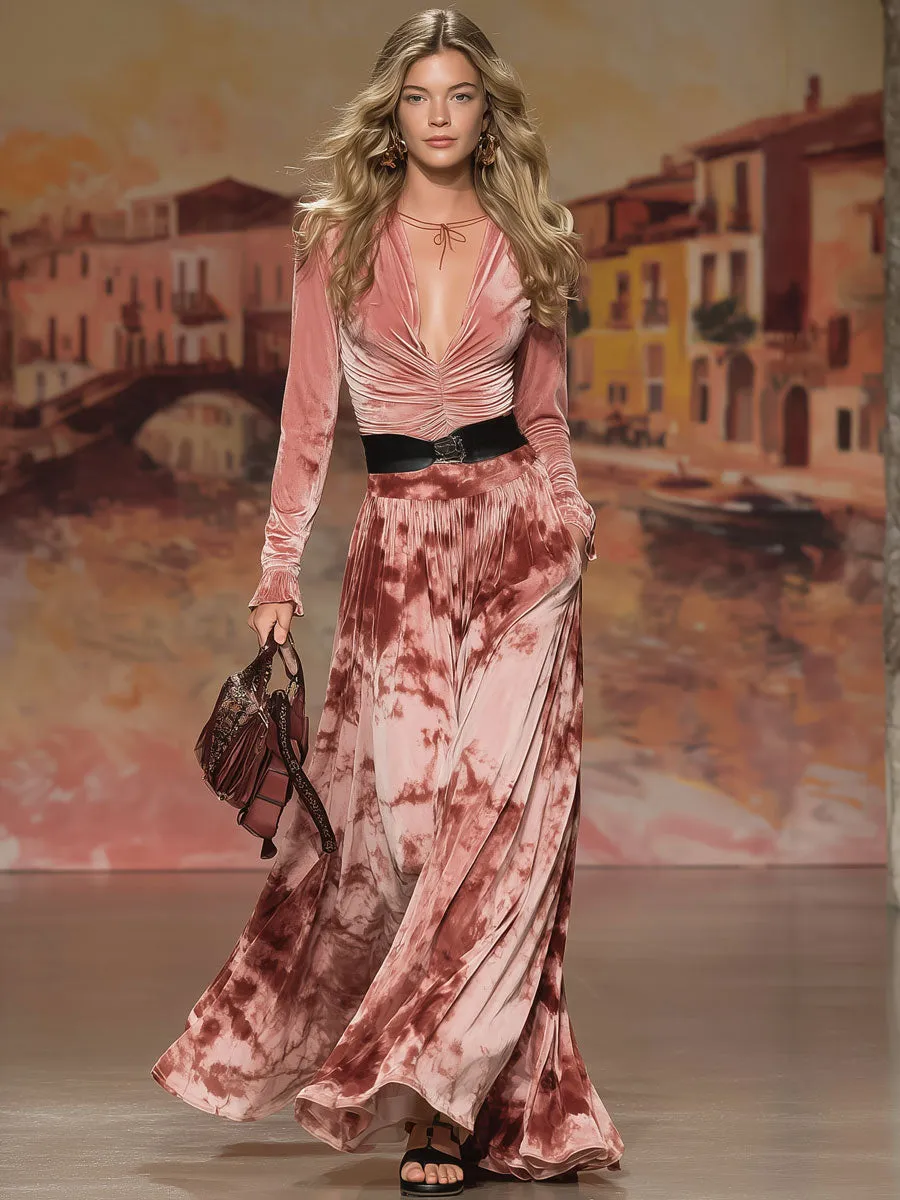 Fashionable Retro Pink Tie-dye Velvet Pleated Long-sleeved Maxi Dress sold by Oyrosy product image thumbnail 2