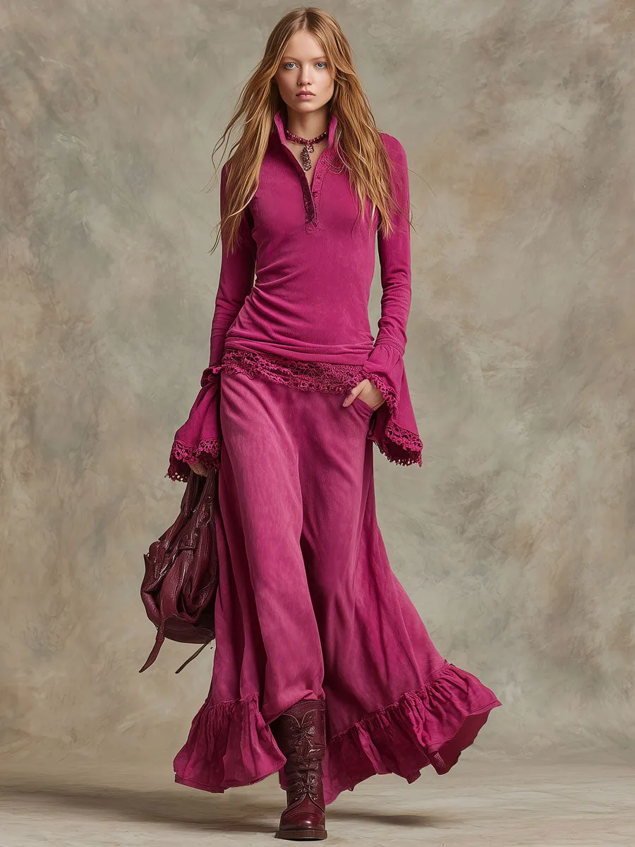 Vintage Lace-trimmed Fuchsia Distressed Cotton Polo Shirt And Ruffled Skirt Set sold by Oyrosy product image thumbnail 2