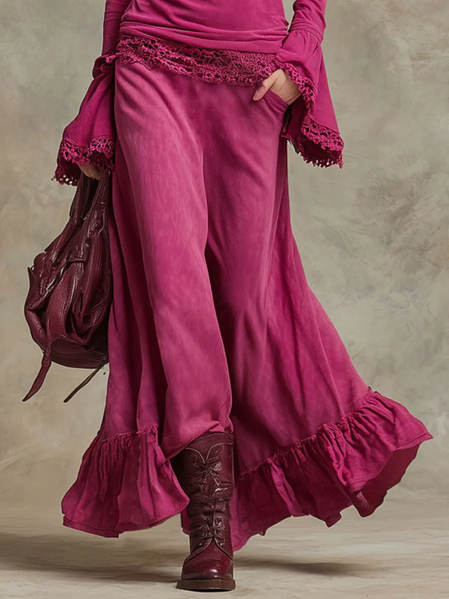 Vintage Lace-trimmed Fuchsia Distressed Cotton Polo Shirt And Ruffled Skirt Set sold by Oyrosy product image thumbnail 4