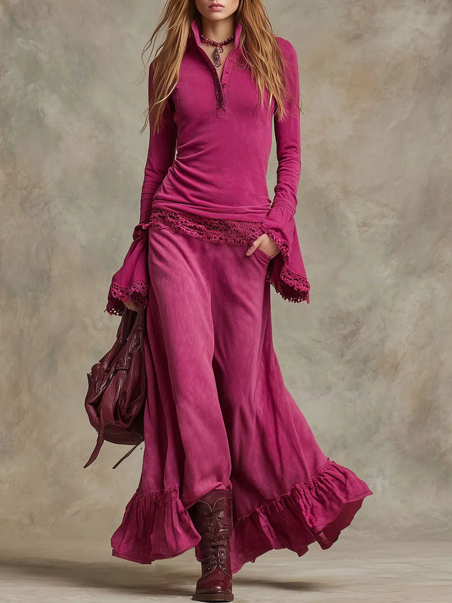 Vintage Lace-trimmed Fuchsia Distressed Cotton Polo Shirt And Ruffled Skirt Set sold by Oyrosy