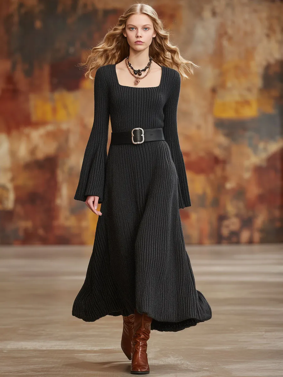 Retro Square Neck Dark Gray Knit Ribbed Flared Long Sleeve Maxi Dress sold by Oyrosy product image thumbnail 2
