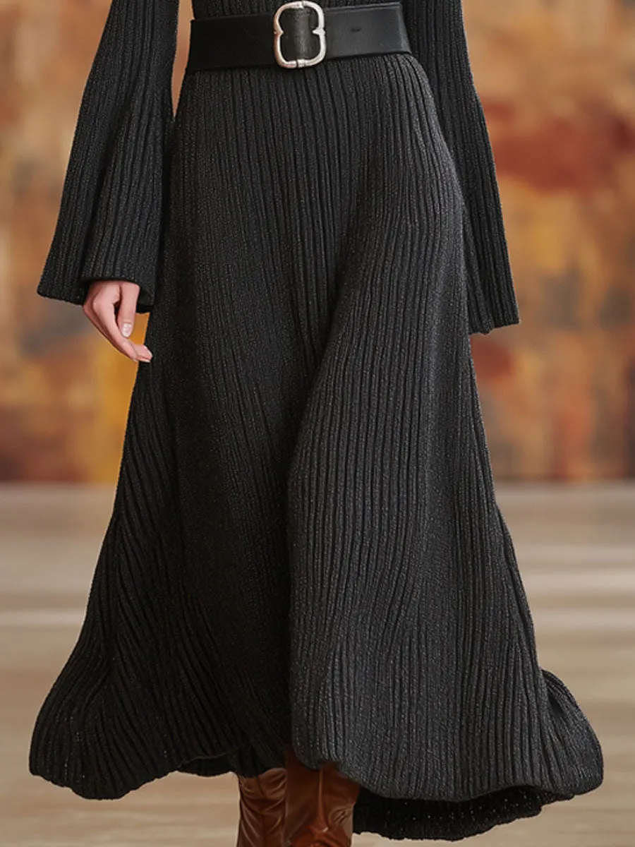 Retro Square Neck Dark Gray Knit Ribbed Flared Long Sleeve Maxi Dress sold by Oyrosy product image thumbnail 3