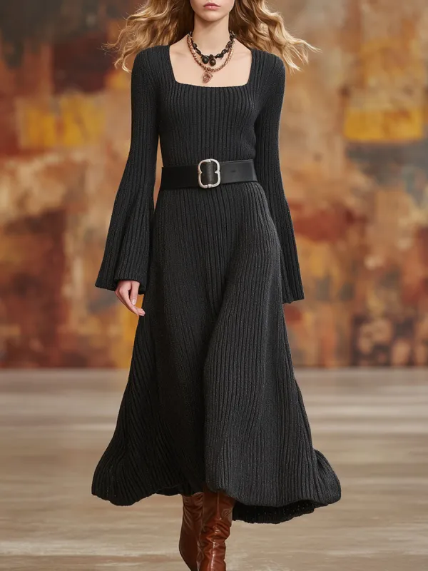 Retro Square Neck Dark Gray Knit Ribbed Flared Long Sleeve Maxi Dress sold by Oyrosy