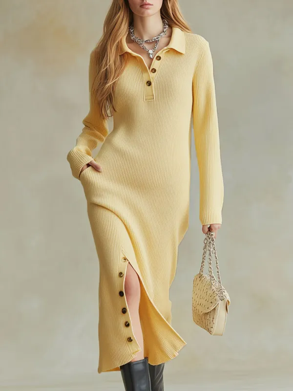 Retro Polo Yellow Knit Ribbed Slit Long-Sleeve Midi Dress sold by Oyrosy
