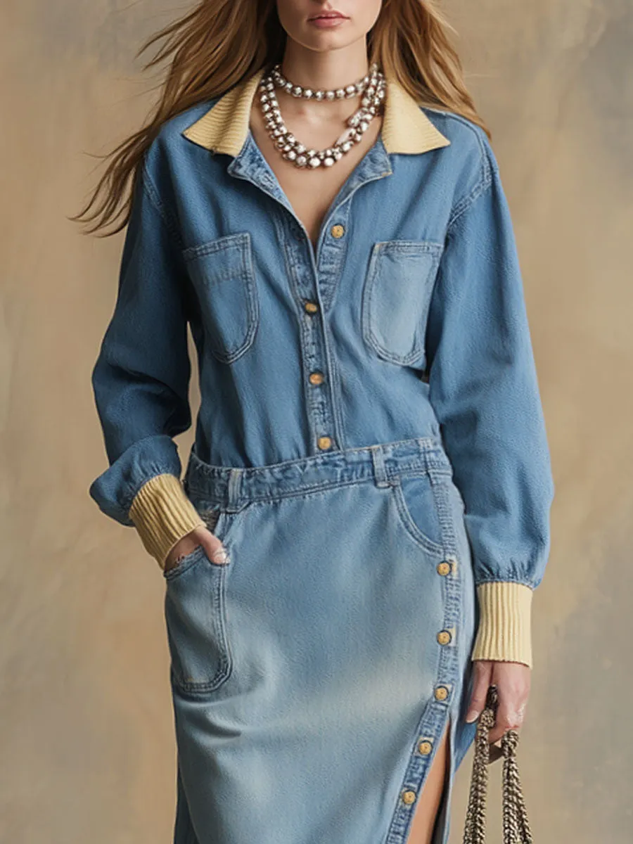 Casual Retro Distressed Blue Denim Long-sleeved Slit Midi Dress sold by Oyrosy product image thumbnail 3