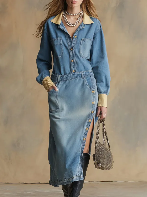 Casual Retro Distressed Blue Denim Long-sleeved Slit Midi Dress sold by Oyrosy