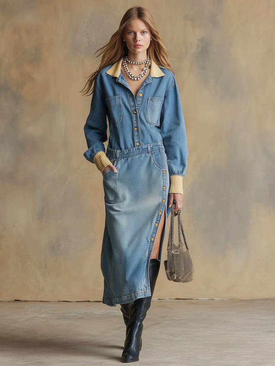 Casual Retro Distressed Blue Denim Long-sleeved Slit Midi Dress sold by Oyrosy product image thumbnail 2