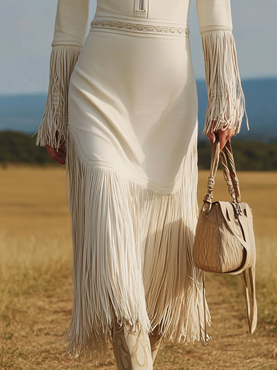 Western Retro Half-Zip Off-White Faux Suede Long-Sleeved Tassel Midi Dress sold by Oyrosy product image thumbnail 4