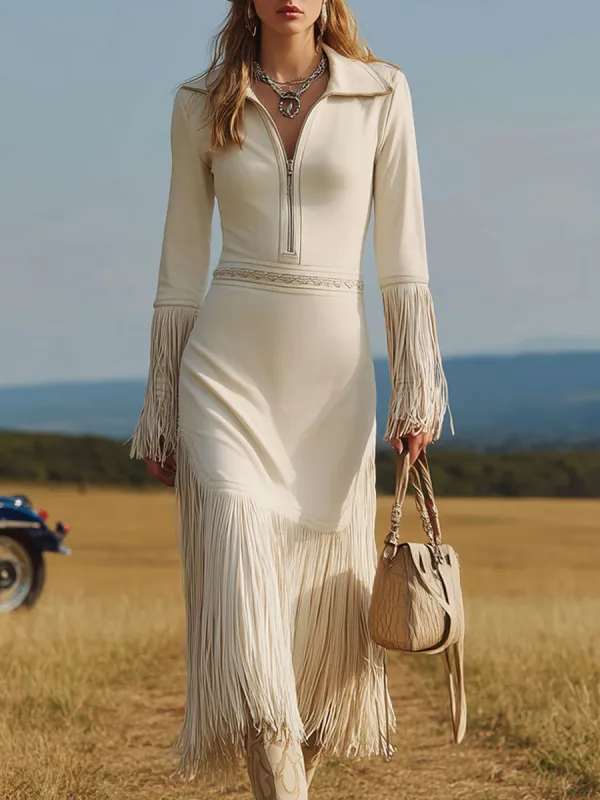 Western Retro Half-Zip Off-White Faux Suede Long-Sleeved Tassel Midi Dress sold by Oyrosy