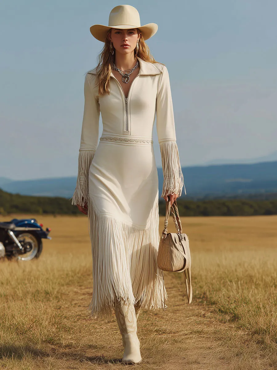 Western Retro Half-Zip Off-White Faux Suede Long-Sleeved Tassel Midi Dress sold by Oyrosy product image thumbnail 2