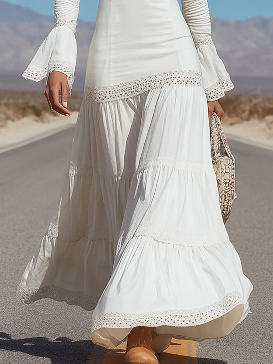 Western-style Vintage Lace-trimmed White Cotton-linen Long-sleeved Maxi Dress sold by Oyrosy product image thumbnail 4