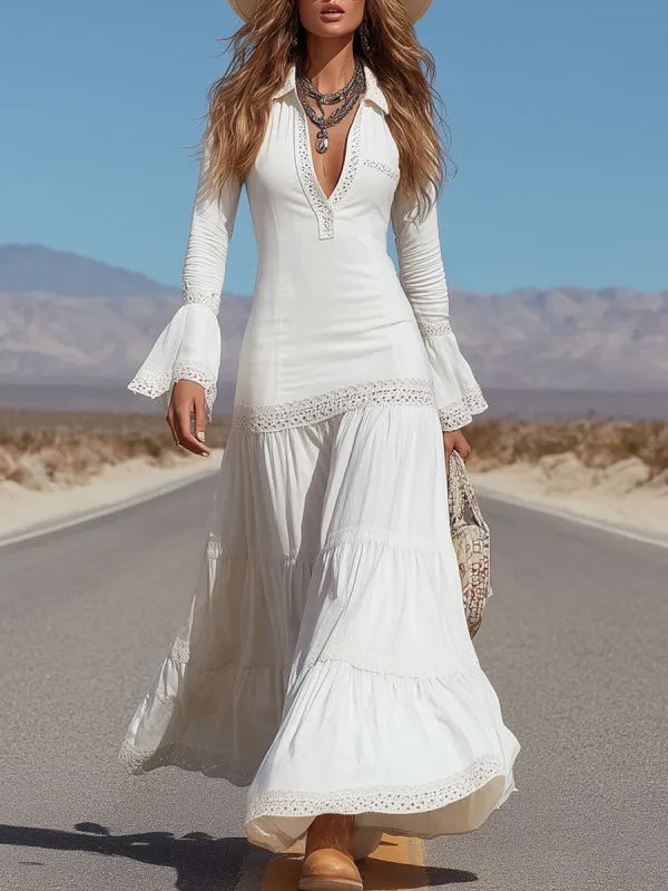 Western-style Vintage Lace-trimmed White Cotton-linen Long-sleeved Maxi Dress sold by Oyrosy