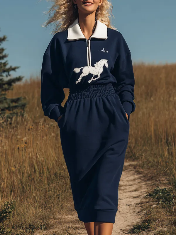 Retro Sporty Print White Collared Fitted Blue Midi Dress sold by Oyrosy