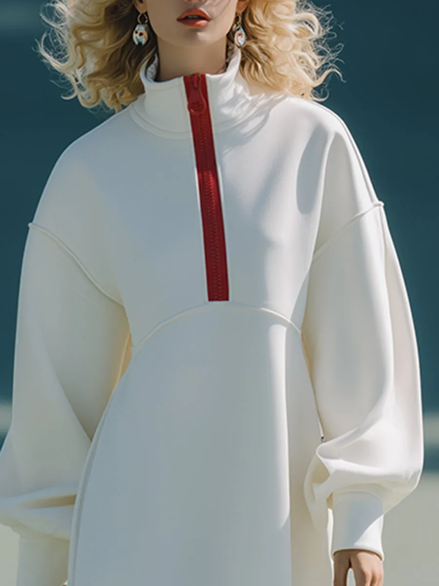 Loose-fitting Sporty Red Half-zip White Midi Dress sold by Oyrosy product image thumbnail 3