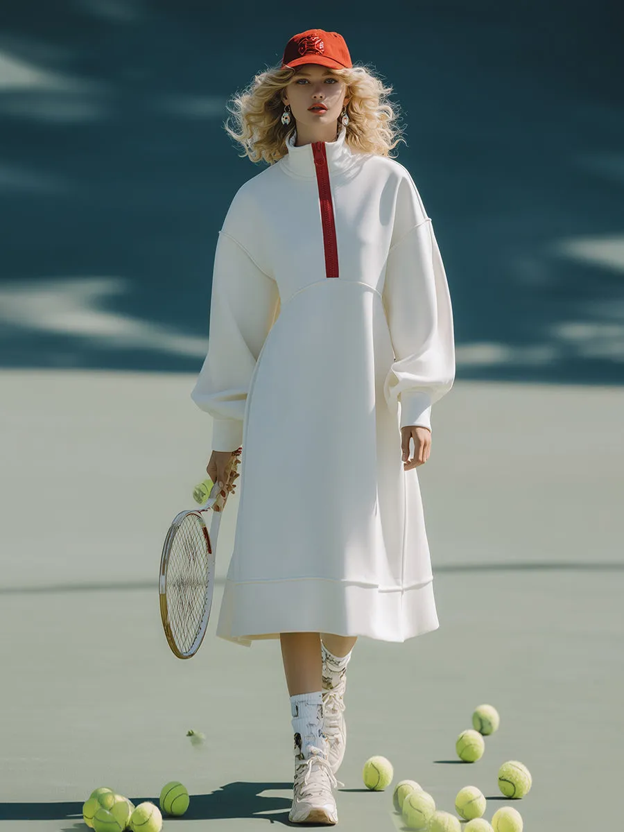 Loose-fitting Sporty Red Half-zip White Midi Dress sold by Oyrosy product image thumbnail 2