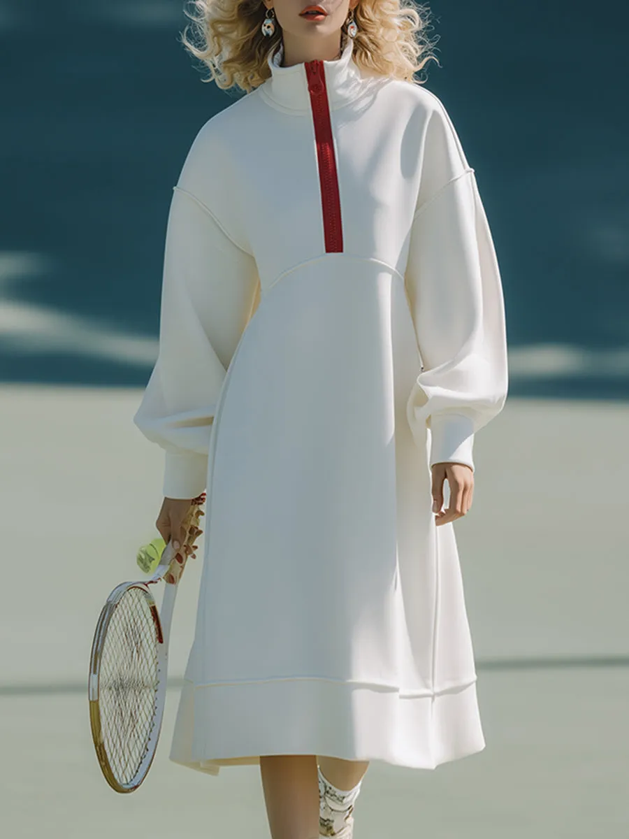 Loose-fitting Sporty Red Half-zip White Midi Dress sold by Oyrosy