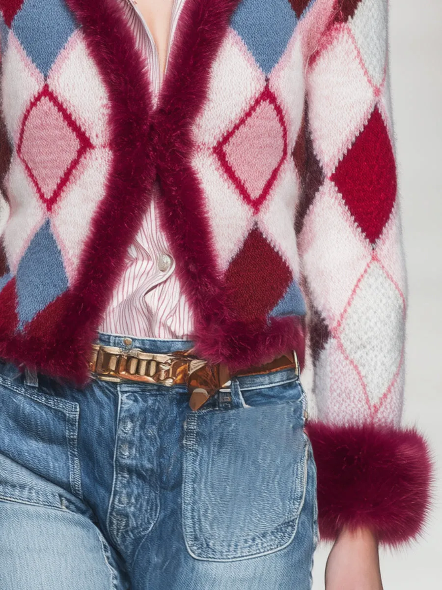 Trendy Retro Patterned Faux Fur Collar Knit Cardigan sold by Oyrosy product image thumbnail 4