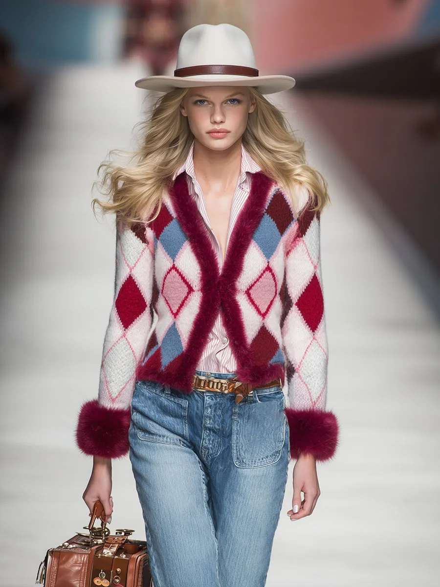 Trendy Retro Patterned Faux Fur Collar Knit Cardigan sold by Oyrosy product image thumbnail 2