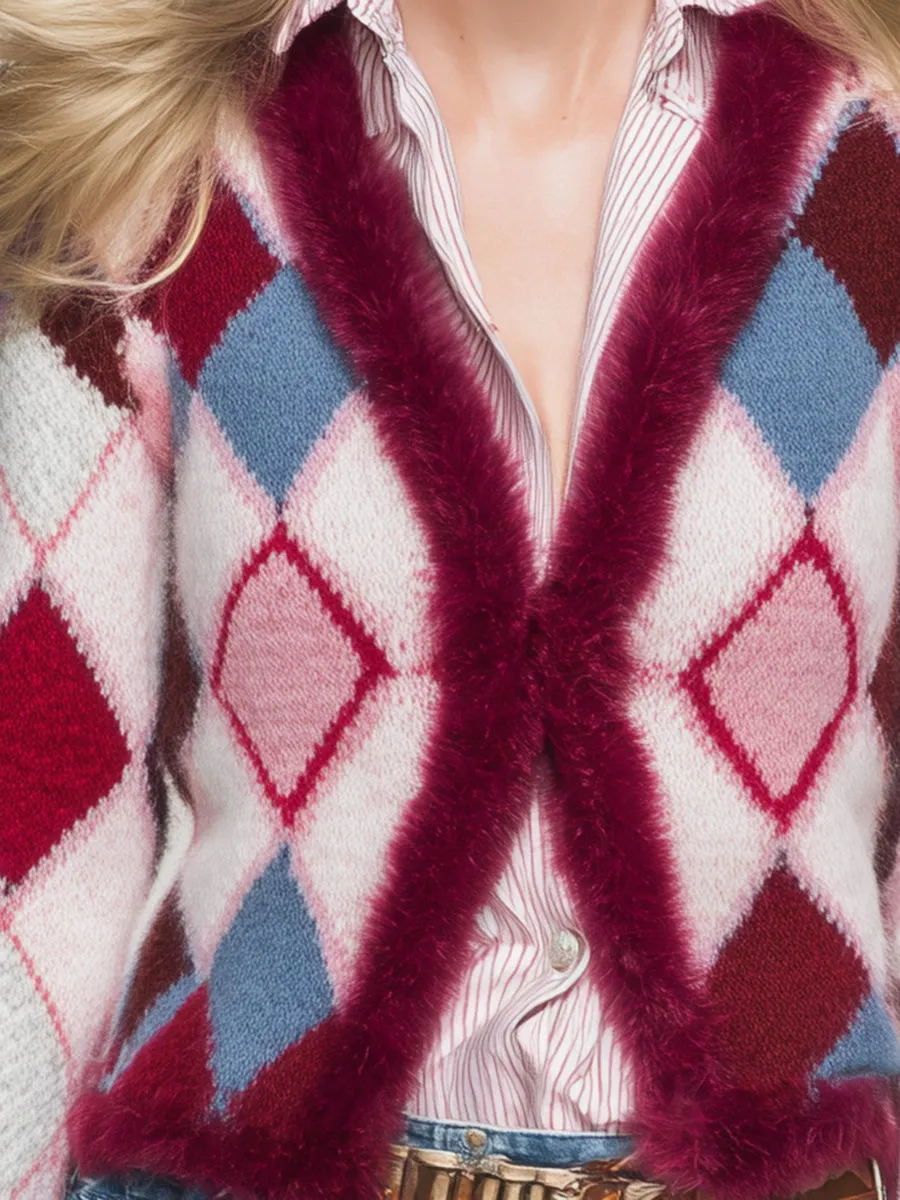 Trendy Retro Patterned Faux Fur Collar Knit Cardigan sold by Oyrosy product image thumbnail 3