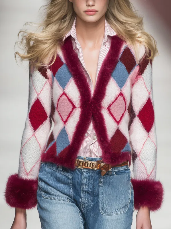 Trendy Retro Patterned Faux Fur Collar Knit Cardigan sold by Oyrosy