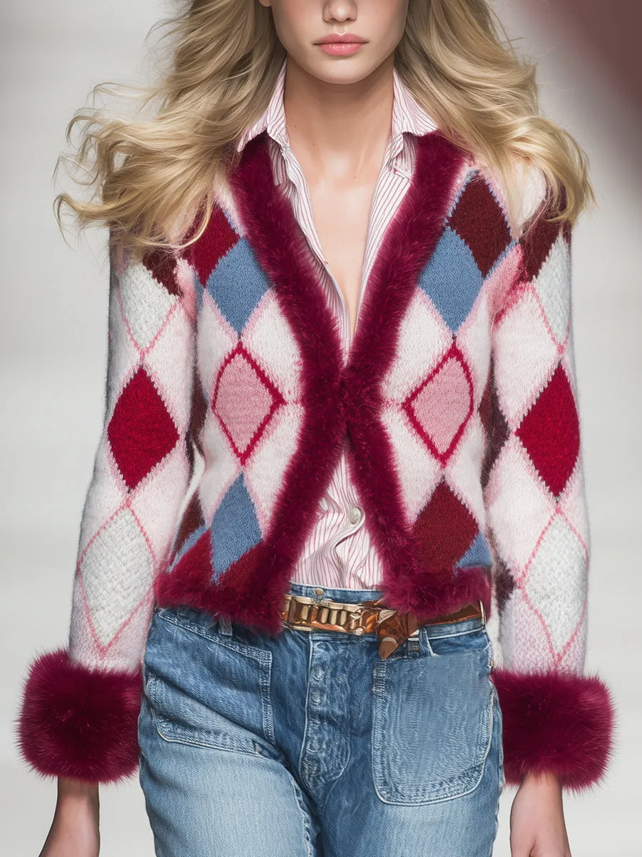 Trendy Retro Patterned Faux Fur Collar Knit Cardigan sold by Oyrosy