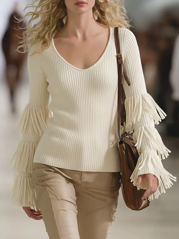 Trendy Western-style V-neck Fringed Sleeve Off-white Sweater sold by Oyrosy