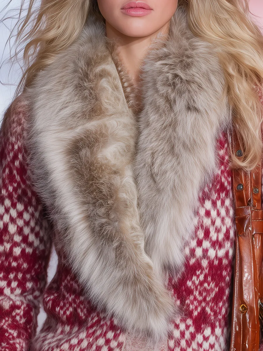 High-end Stylish Retro-patterned Faux Fur Collar Red Knit Cardigan sold by Oyrosy product image thumbnail 3