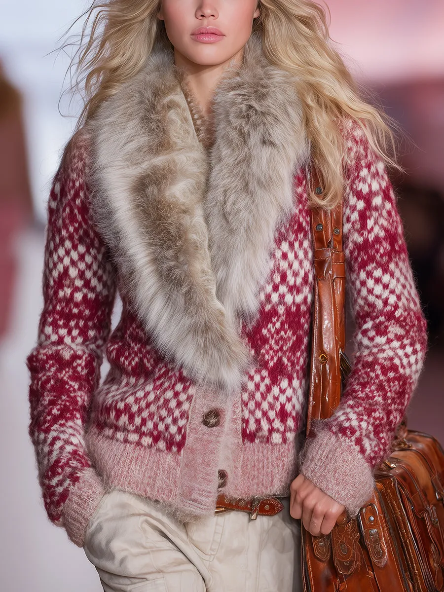High-end Stylish Retro-patterned Faux Fur Collar Red Knit Cardigan sold by Oyrosy