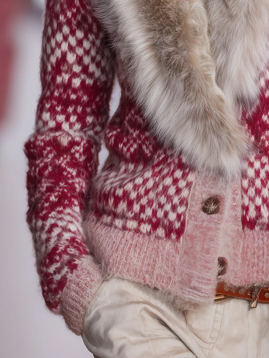 High-end Stylish Retro-patterned Faux Fur Collar Red Knit Cardigan sold by Oyrosy product image thumbnail 4