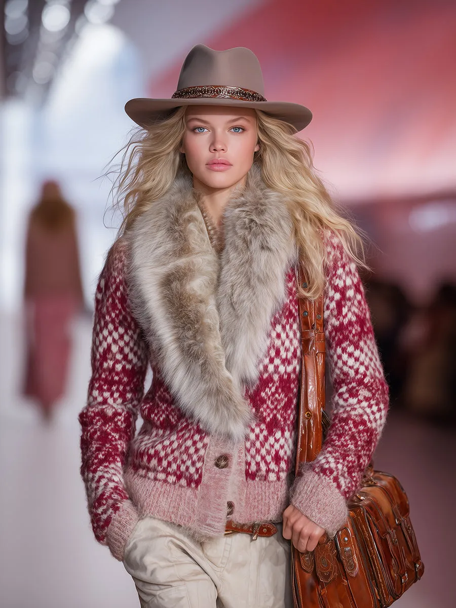 High-end Stylish Retro-patterned Faux Fur Collar Red Knit Cardigan sold by Oyrosy product image thumbnail 2