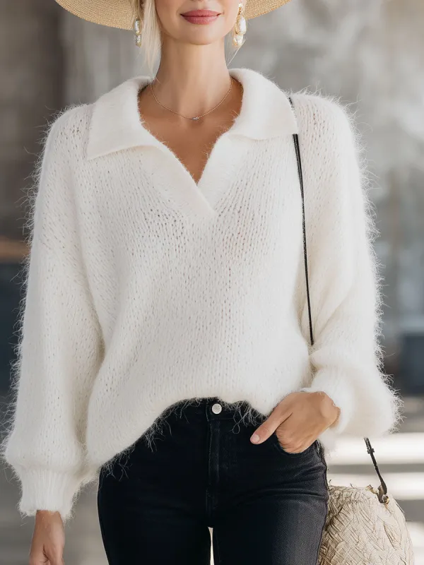 Stylish And Casual White Knitted Collar Sweater sold by Oyrosy