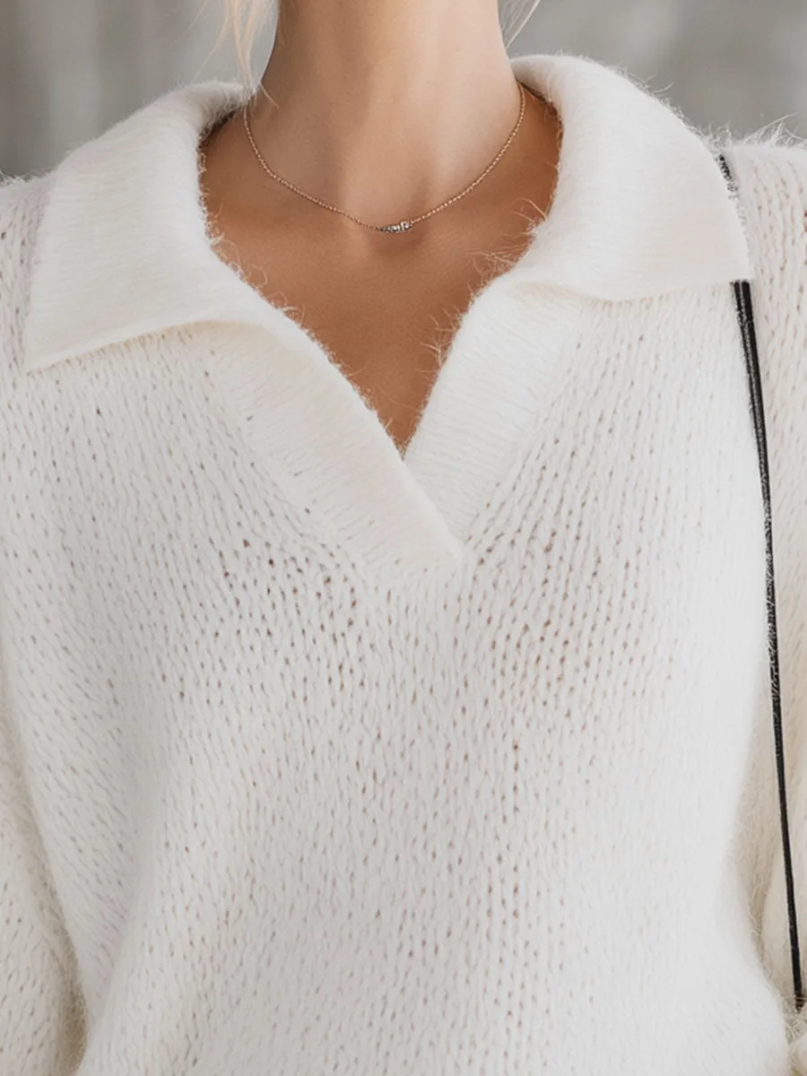 Stylish And Casual White Knitted Collar Sweater sold by Oyrosy product image thumbnail 3