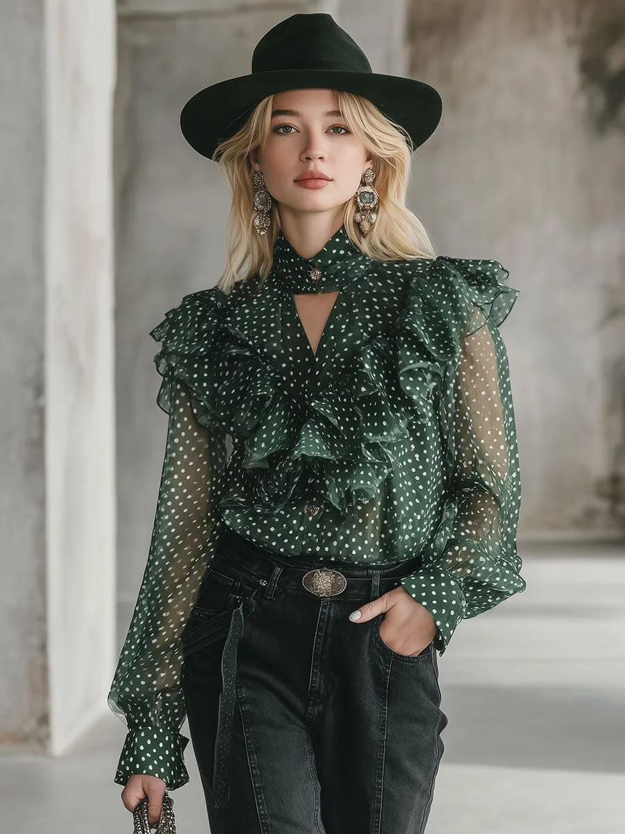 Stylish And Elegant Green Polka Dot Chiffon Ruffled Shirt sold by Oyrosy product image thumbnail 2