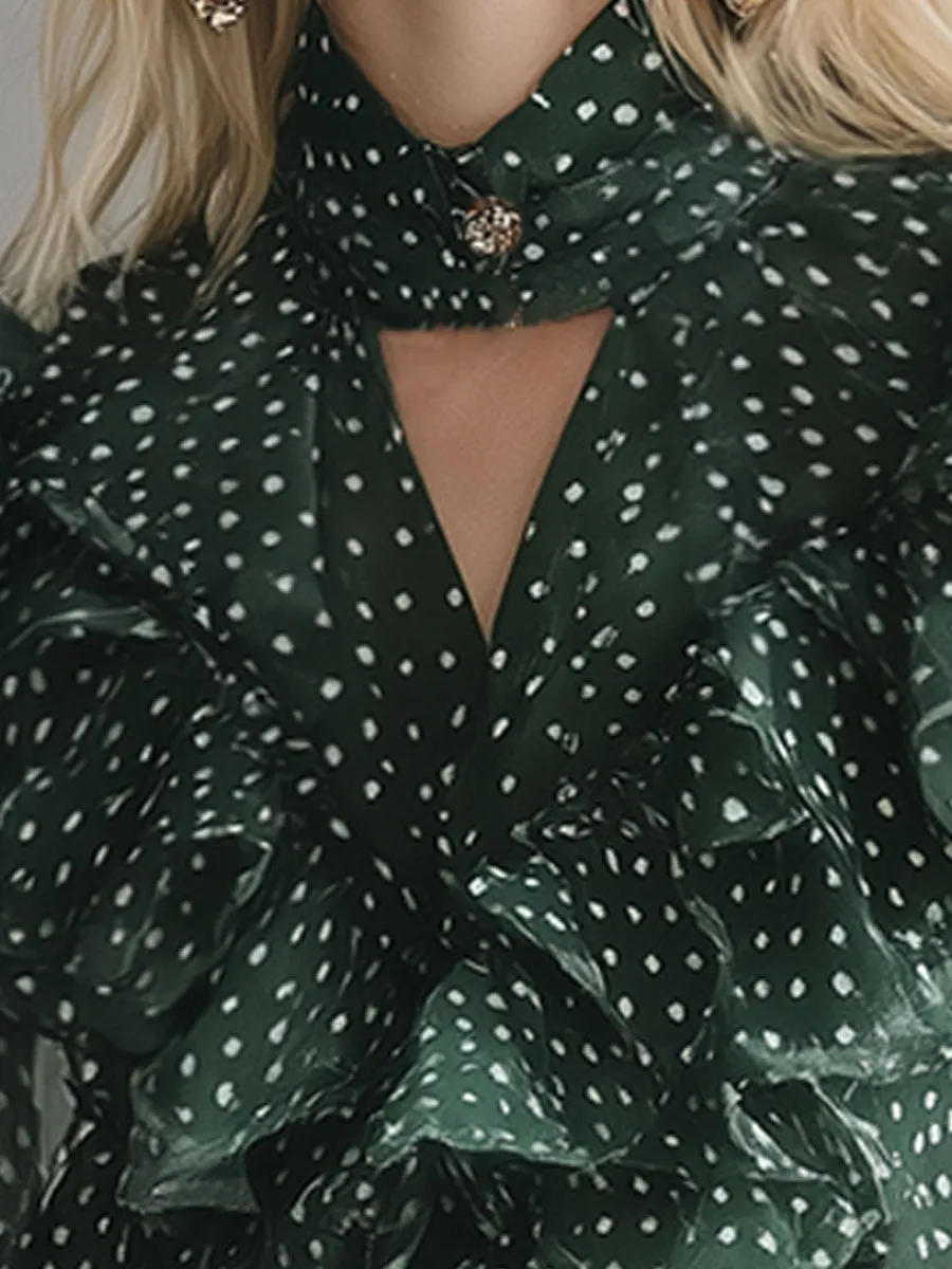 Stylish And Elegant Green Polka Dot Chiffon Ruffled Shirt sold by Oyrosy product image thumbnail 3