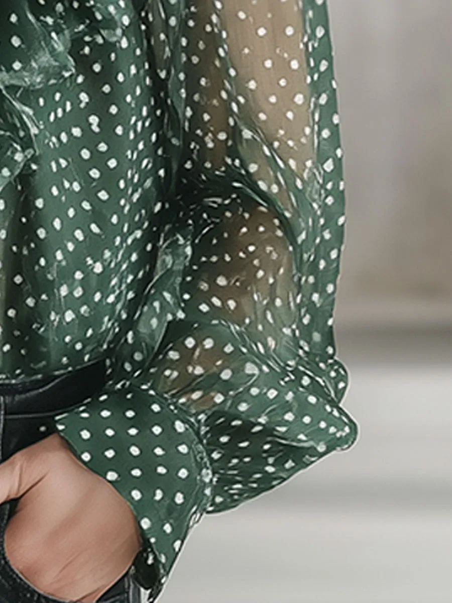Stylish And Elegant Green Polka Dot Chiffon Ruffled Shirt sold by Oyrosy product image thumbnail 4