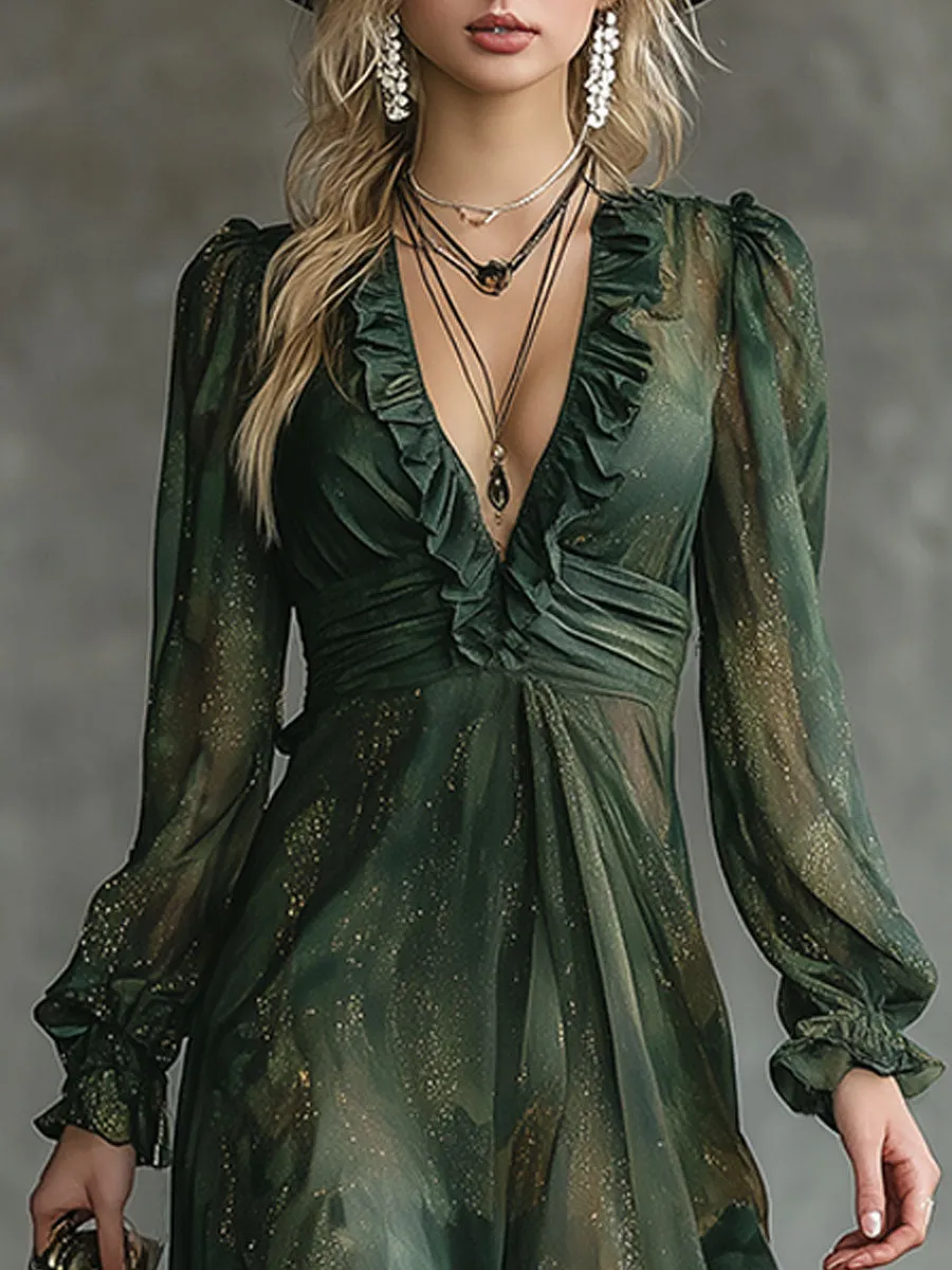 Stylish And Elegant Green Chiffon Ruffled Gold Glitter Maxi Dress sold by Oyrosy product image thumbnail 3