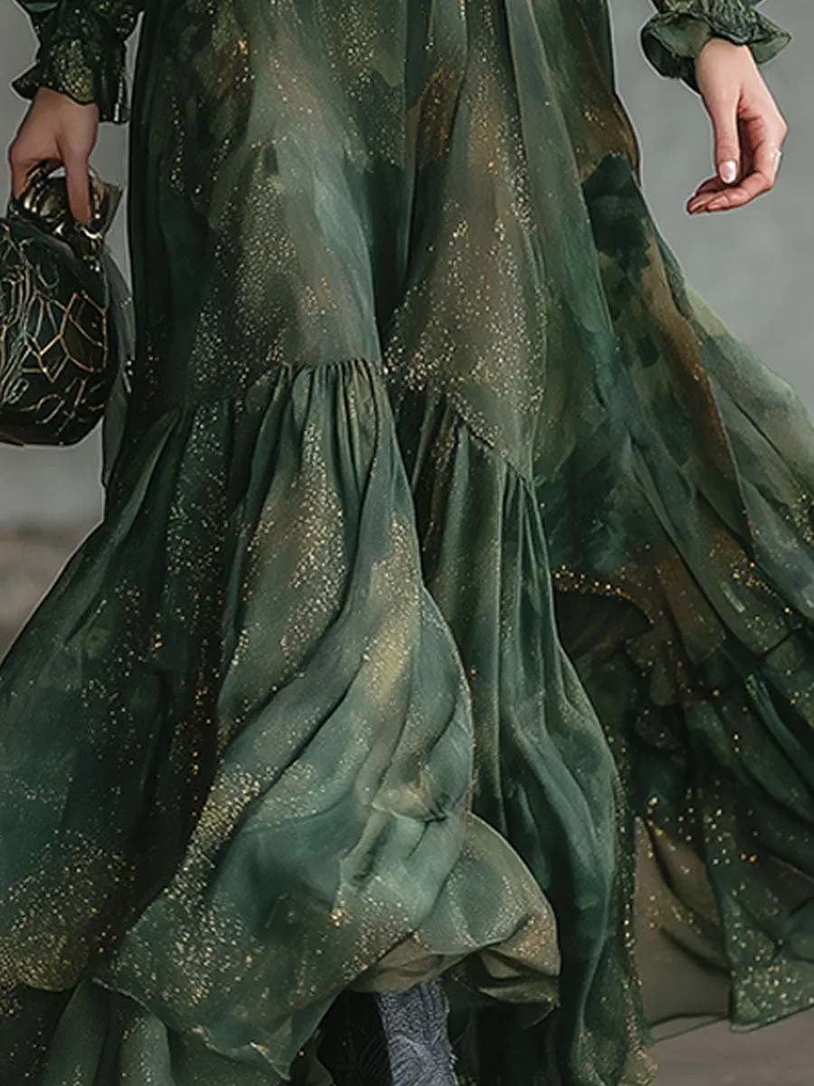 Stylish And Elegant Green Chiffon Ruffled Gold Glitter Maxi Dress sold by Oyrosy product image thumbnail 4