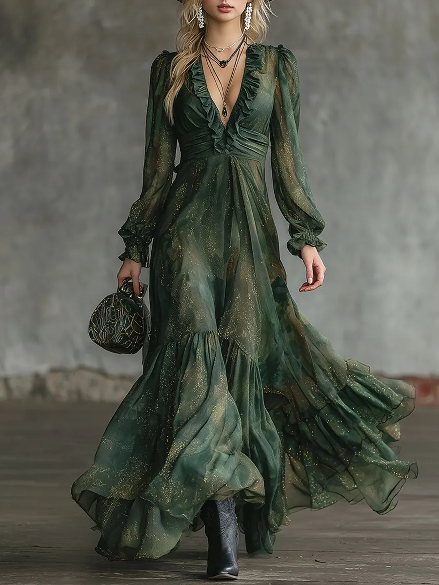 Stylish And Elegant Green Chiffon Ruffled Gold Glitter Maxi Dress sold by Oyrosy