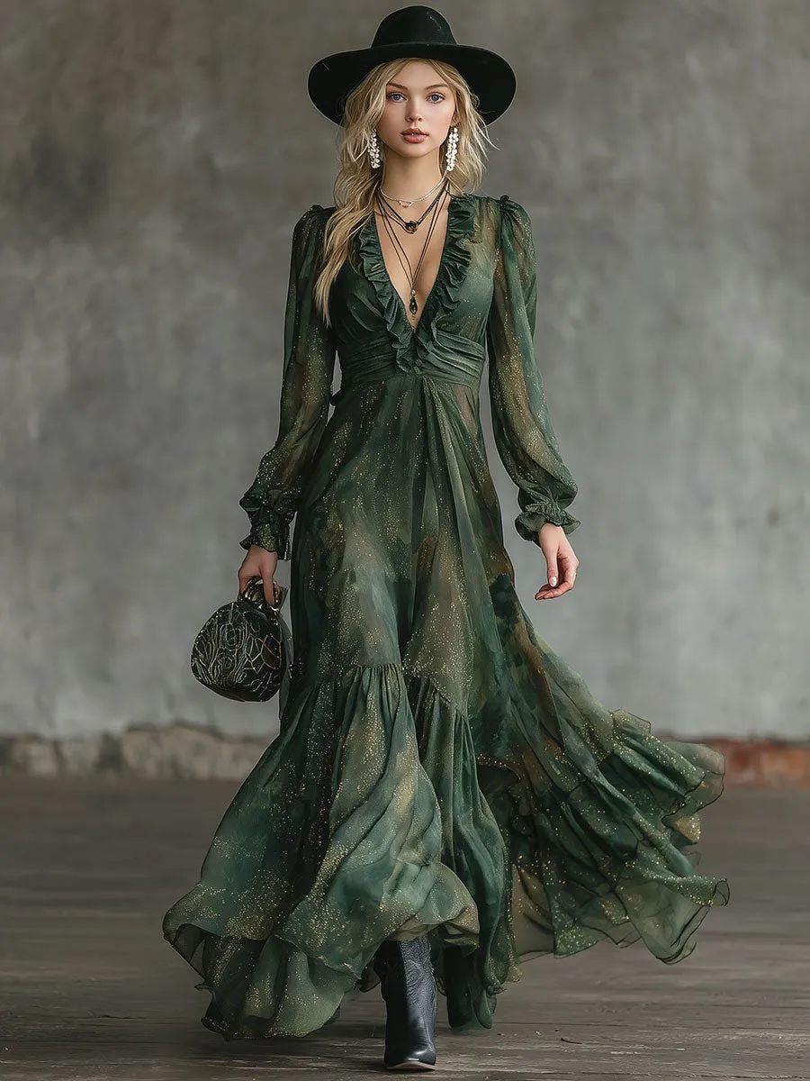 Stylish And Elegant Green Chiffon Ruffled Gold Glitter Maxi Dress sold by Oyrosy product image thumbnail 2