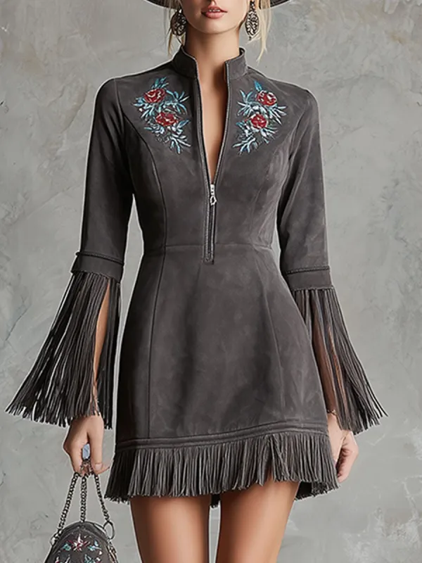 Western Retro Gray Tassel Faux Suede Embroidered Mini Dress sold by Oyrosy