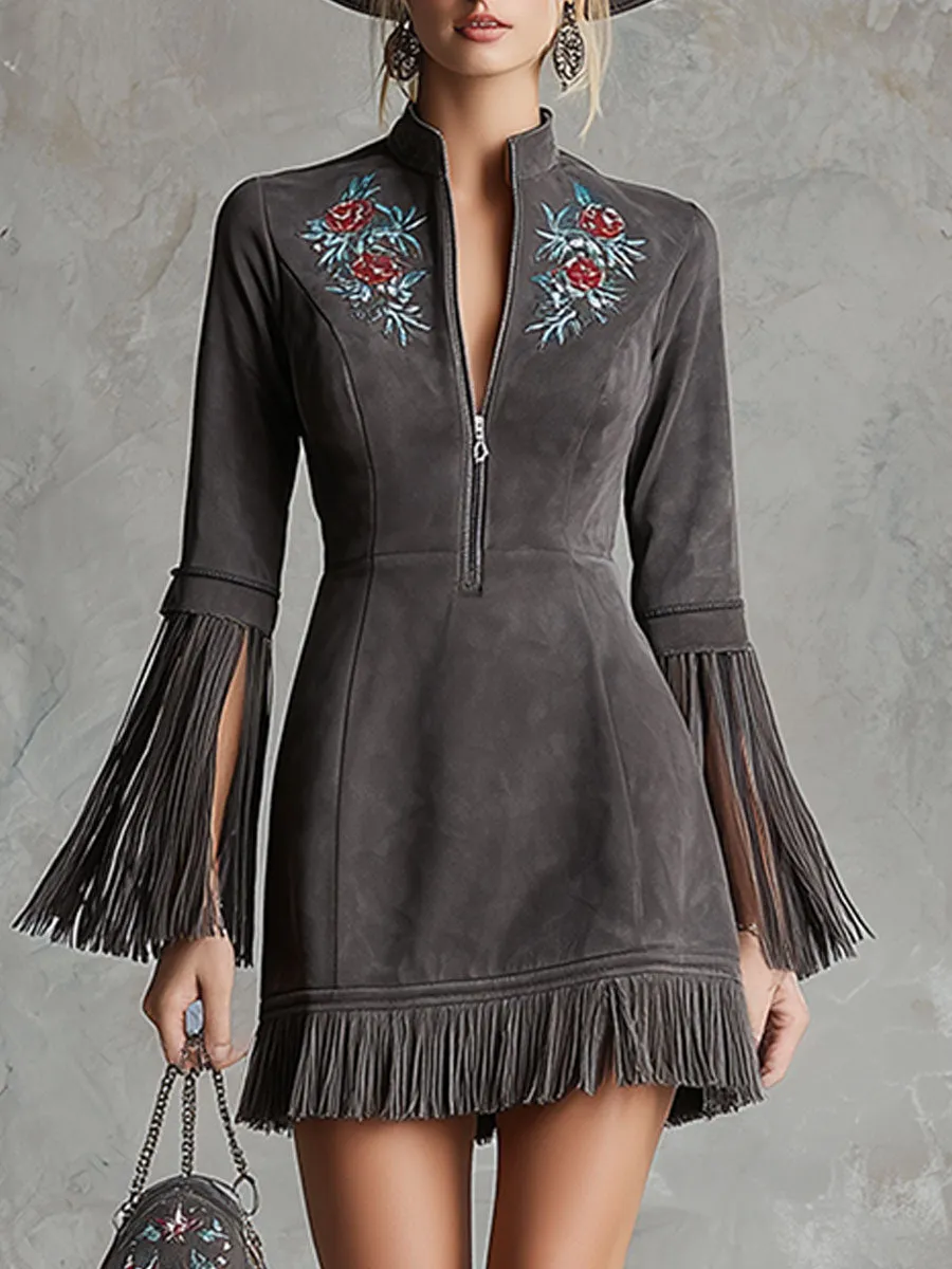 Western Retro Gray Tassel Faux Suede Embroidered Mini Dress sold by Oyrosy