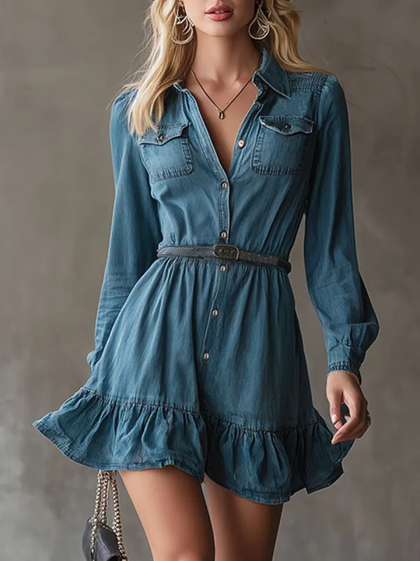 Retro Blue Denim Collar Button Mini Dress sold by Oyrosy